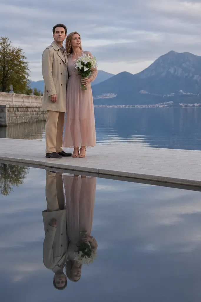 Couple near calm lake water with reflections and soft sunset sky