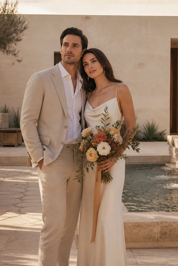 Couple in linen outfits in a desert hotel courtyard with warm stone walls