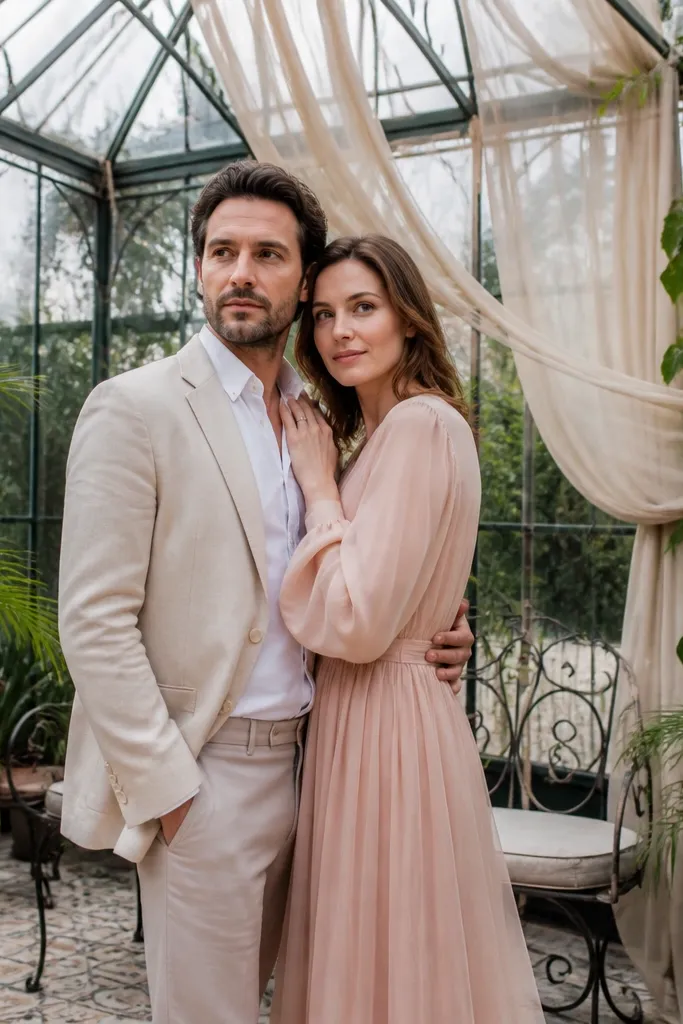 Couple in formalwear in a glass conservatory with sheer curtains and soft daylight