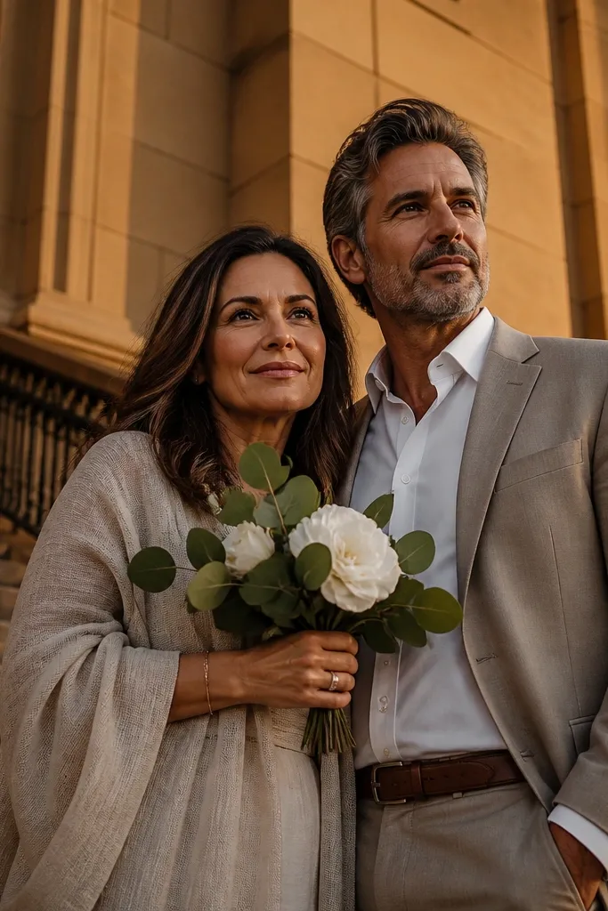 Couple on church steps at dusk with neutral outfits and a small bouquet