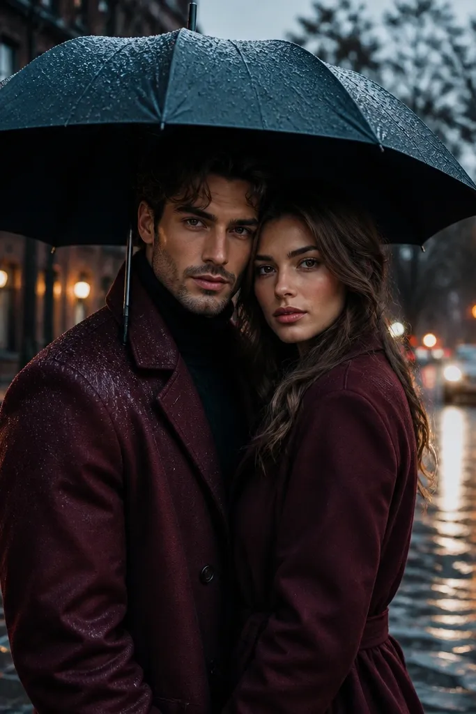 Couple under umbrellas on a dark street with reflections and warm light