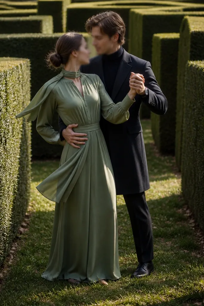 Couple framed by tall hedges in a garden maze, turning slowly for portraits