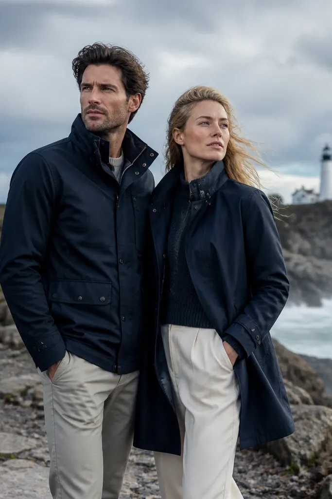 Couple near a lighthouse with wind moving hair and fabric in open coastal air
