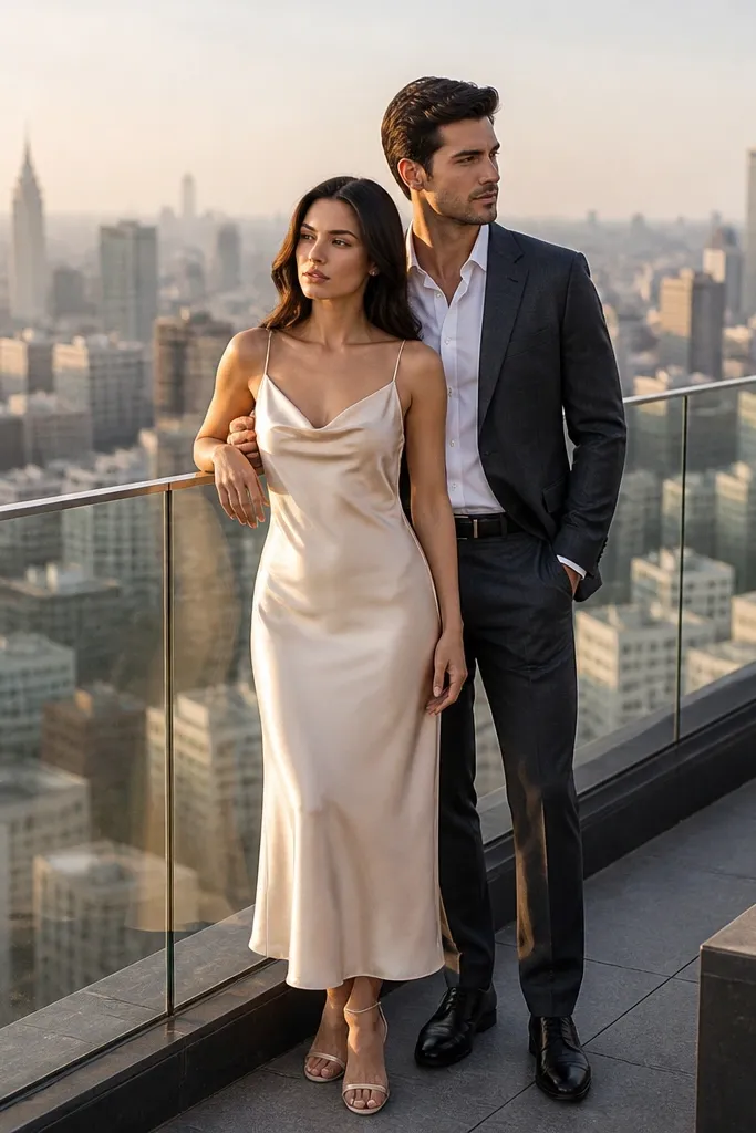 Couple posing near a glass rooftop edge with city lights soft behind them