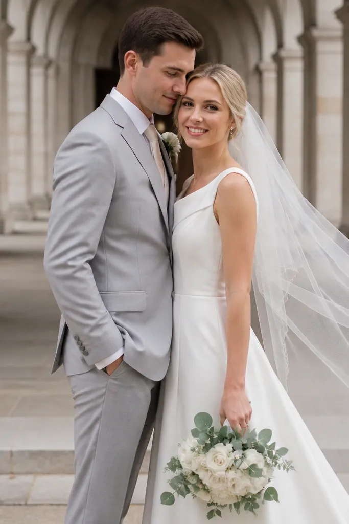 Couple under a stone archway, veil lifted slightly by wind
