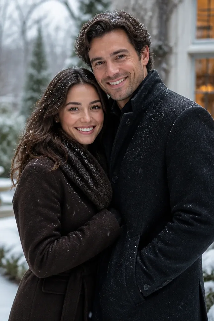 Couple in dark coats in a snowy garden with warm window light behind