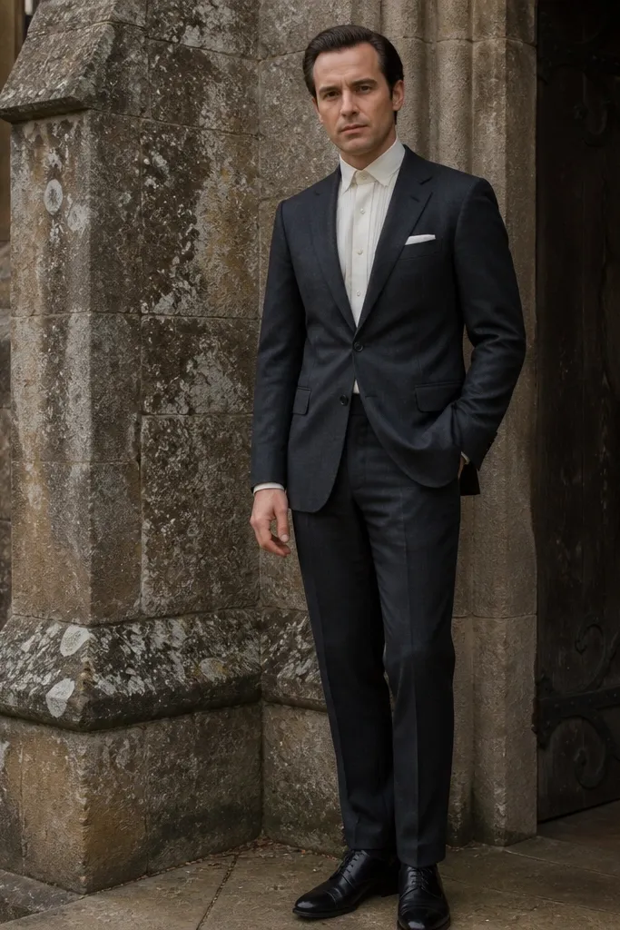 Charcoal suit jacket with cream pleated shirt, black cap-toe Oxfords, and a black silk tie