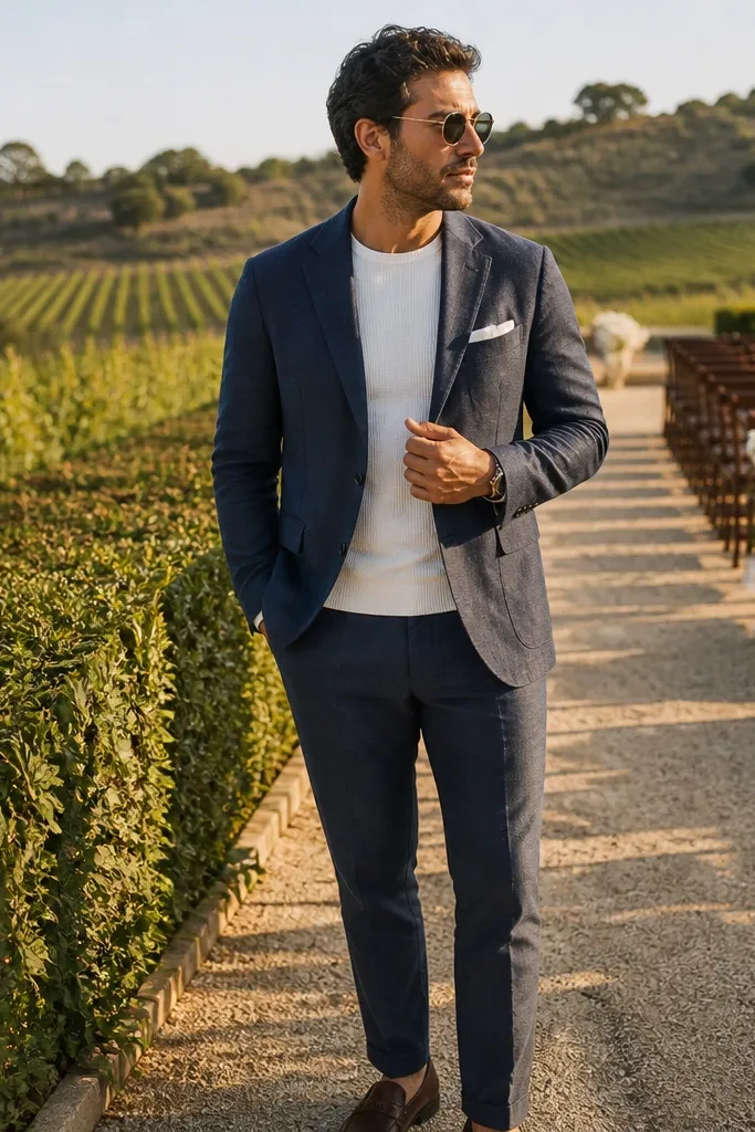 Navy linen blazer over a white textured shirt with dark brown loafers and matching belt