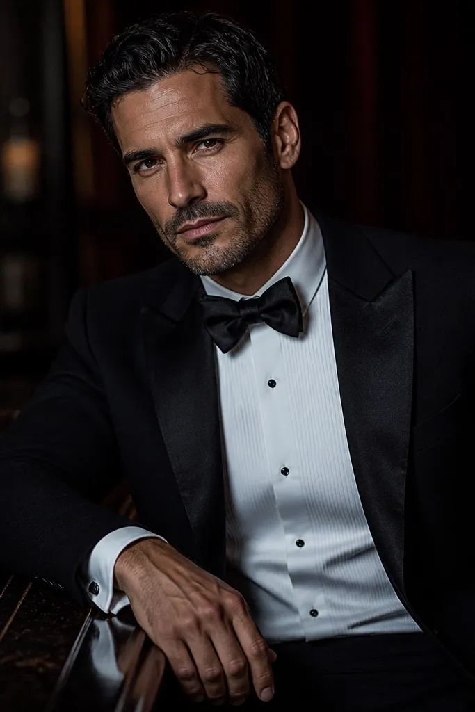 Black tuxedo jacket with white pleated shirt and black satin bow tie