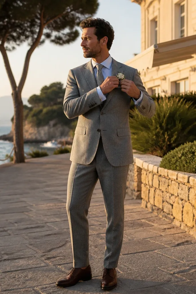 Stone gray suit with light blue shirt and silver textured tie, paired with brown Oxfords