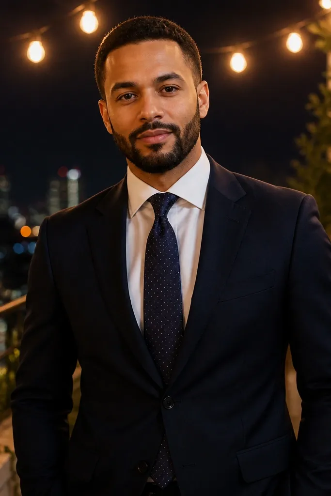 Midnight navy suit with crisp white shirt and navy silk tie with micro-dots