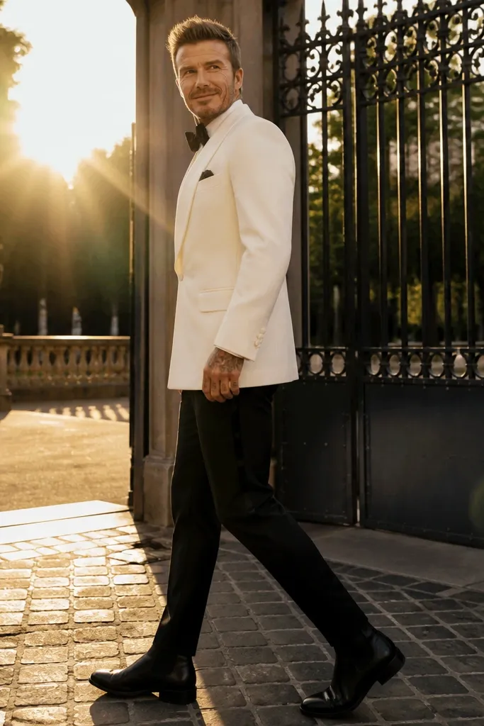 Off-white dinner jacket with black trousers and black Chelsea boots