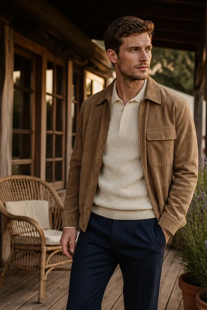 Tan suede jacket over a cream knit polo with navy trousers and brown suede shoes