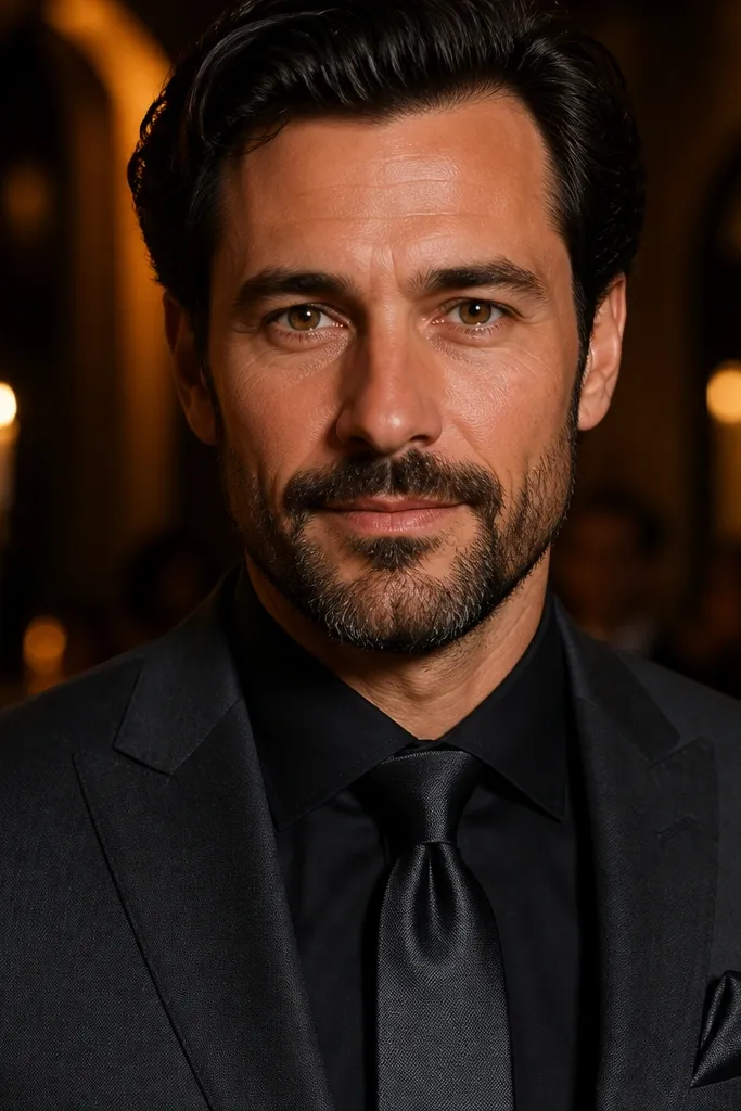 Charcoal suit with black shirt, satin tie, and folded white pocket square