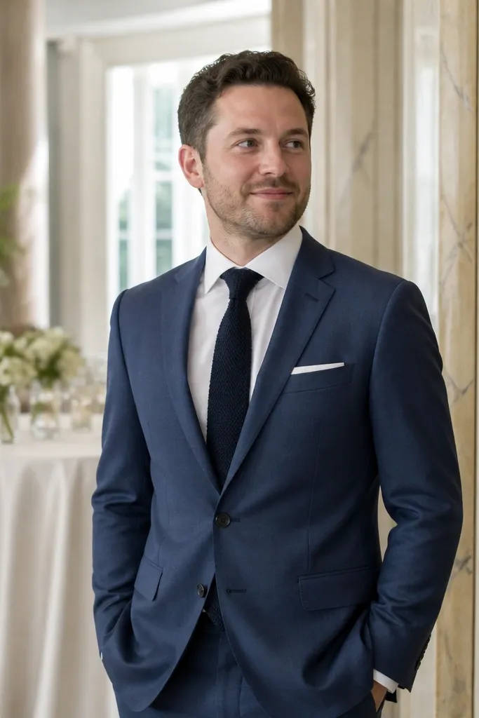 Slate blue suit with white shirt and navy knit tie, paired with dark brown derbies