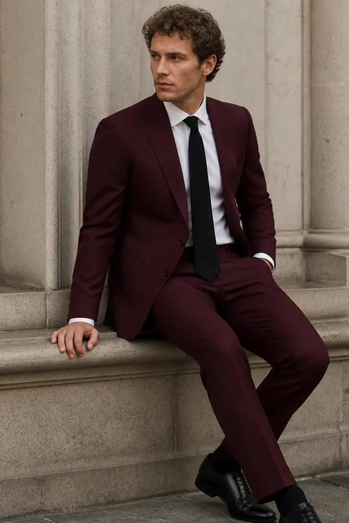 Burgundy wool suit with ivory shirt and black silk tie, finished with black shoes