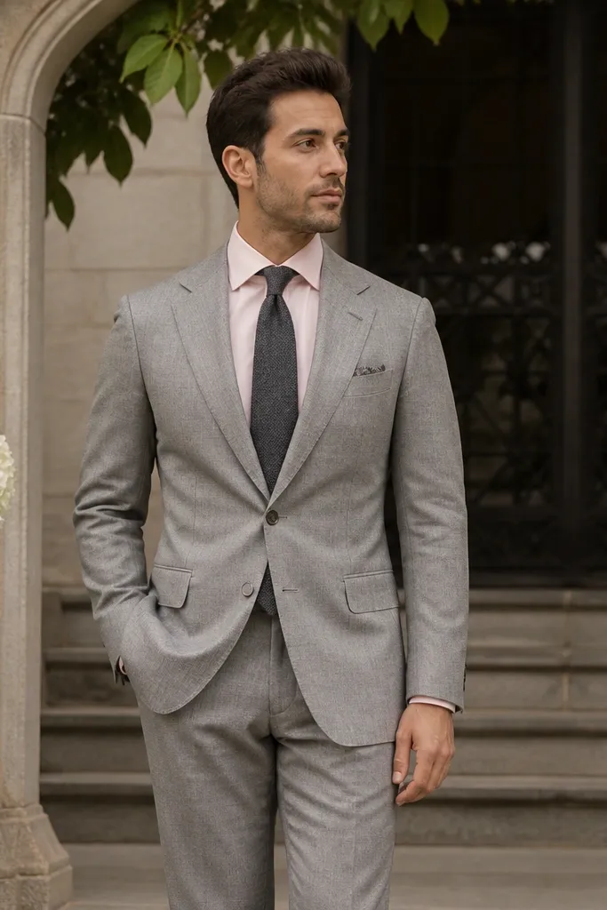 Light gray wool suit with pale pink shirt and charcoal grenadine tie