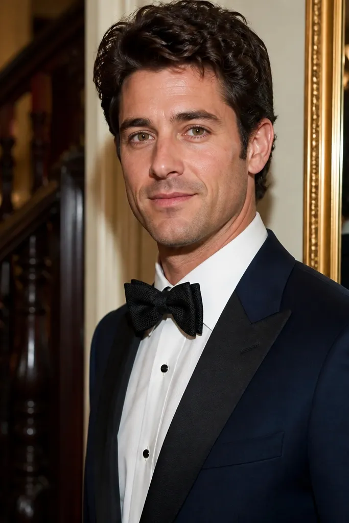 Navy tuxedo jacket with white shirt and black textured bow tie, plus black shoes