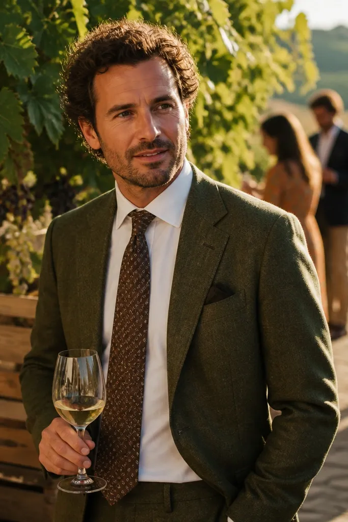 Olive wool suit with cream shirt and brown patterned tie with matching brown shoes