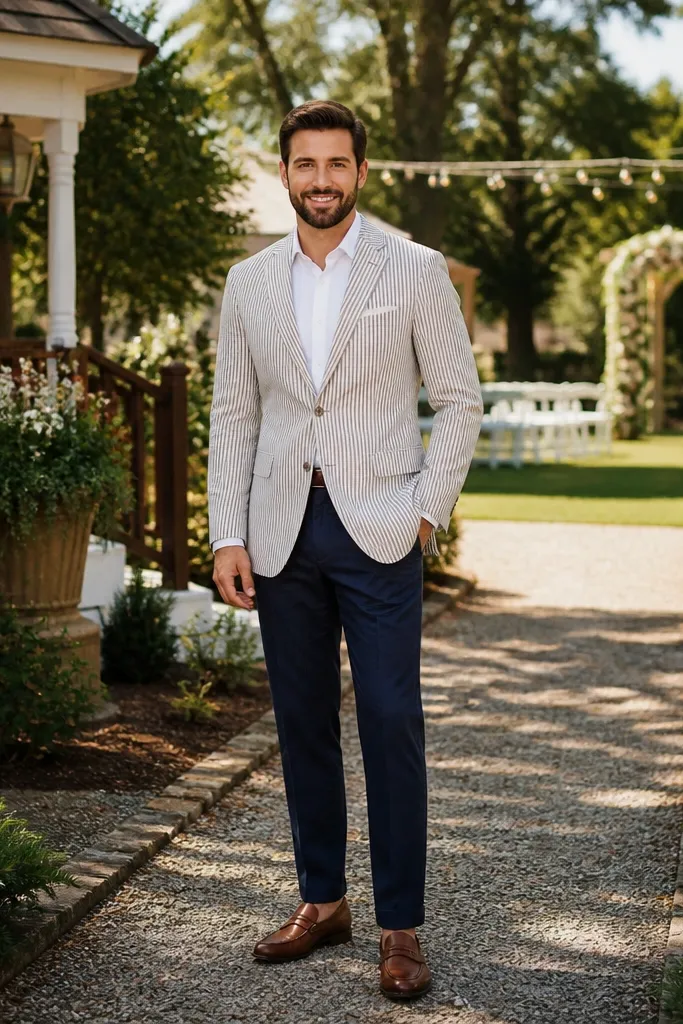 Tan and navy seersucker blazer over white shirt with brown loafers