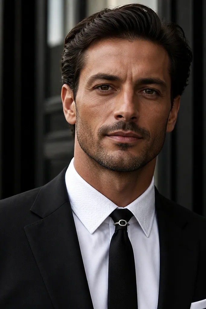Black suit with white shirt textured collar and silver tie pin