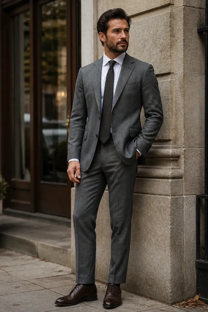 Gray flannel suit with white shirt and charcoal knit tie, paired with dark brown oxfords