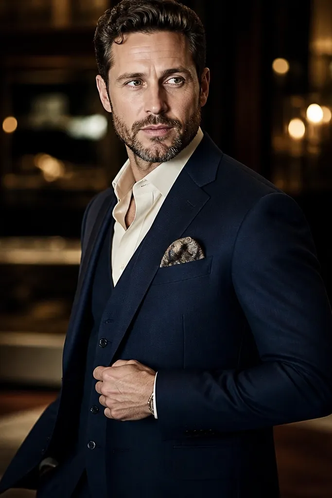 Navy three-piece suit with ivory shirt and patterned silk pocket square, black oxfords