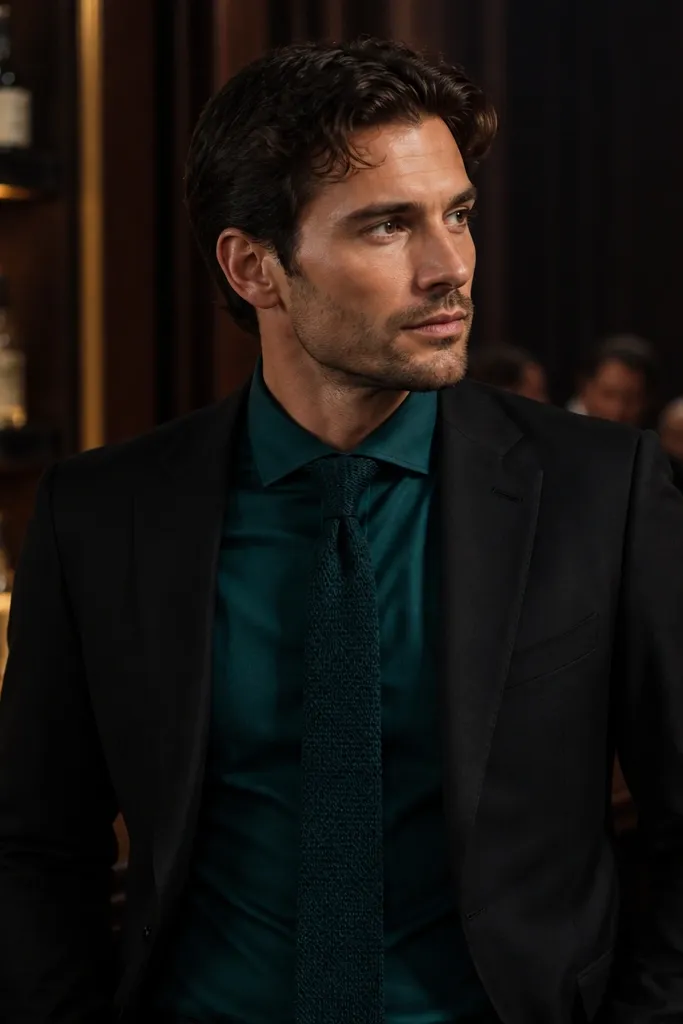 Black suit with deep teal shirt and teal knit tie, black leather shoes
