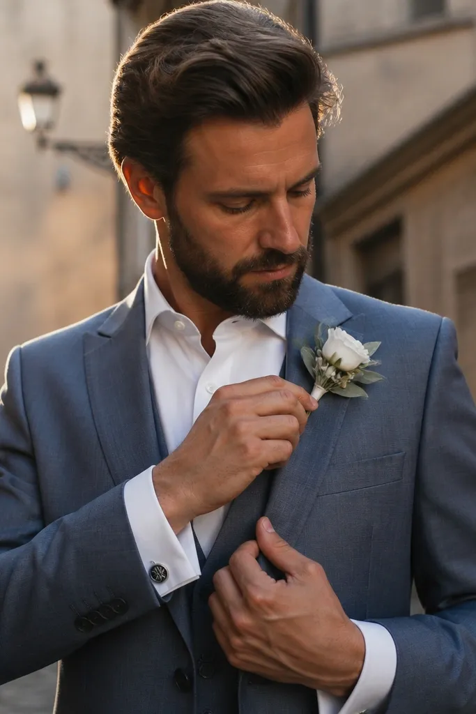 Blue-gray suit with white shirt and silver cufflinks, black derby shoes