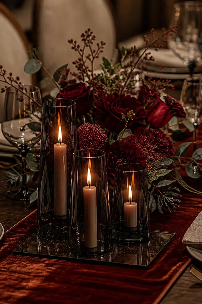 Rust velvet runner with three tall candles on smoked glass stands