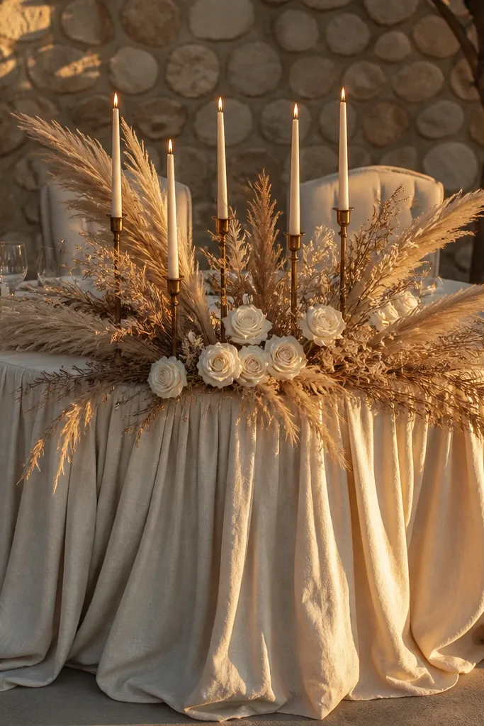 Cream linen skirt with tall dried pampas and brass candlesticks