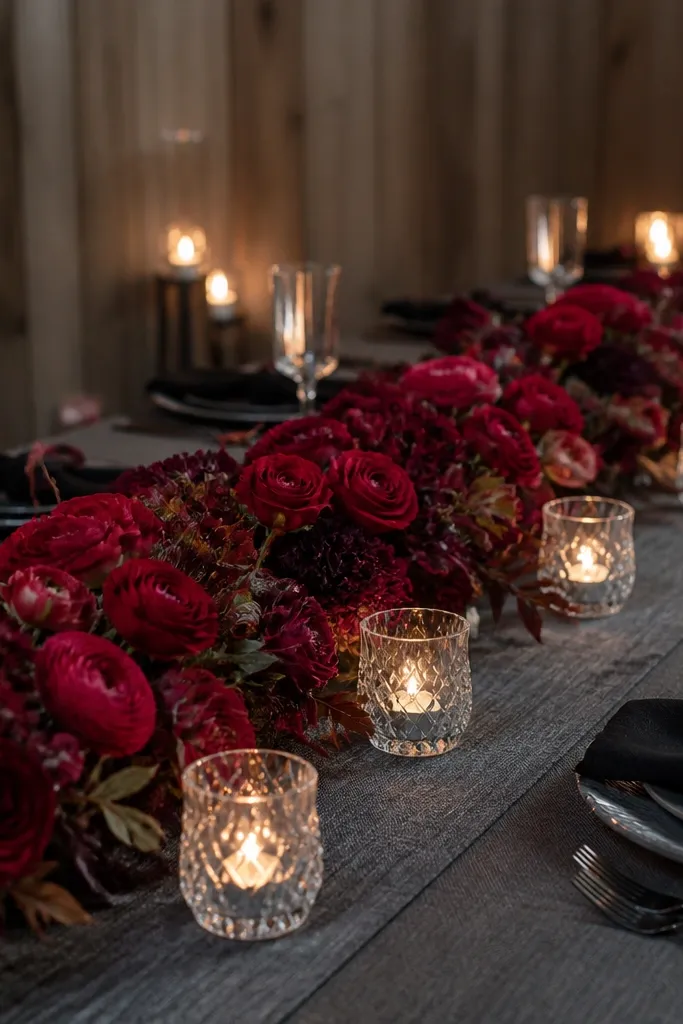 Smoked gray runner with burgundy floral line and crystal tealight cups