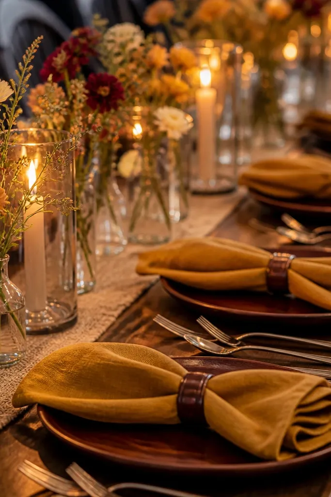 Dark walnut charger plates with honey napkins and small bud vases