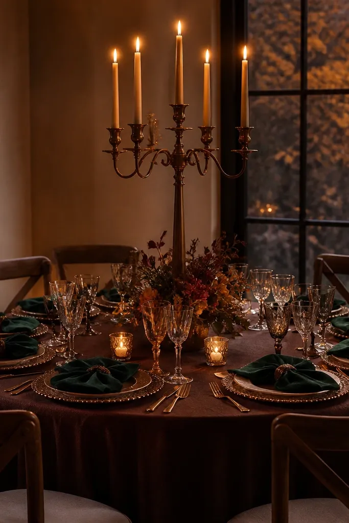 Cocoa tablecloth with forest green velvet napkins and tall candelabra