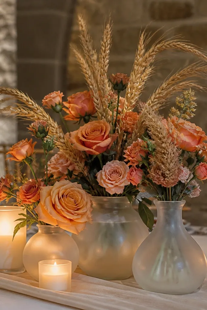 Frosted glass vases with orange blush roses and dried wheat stems