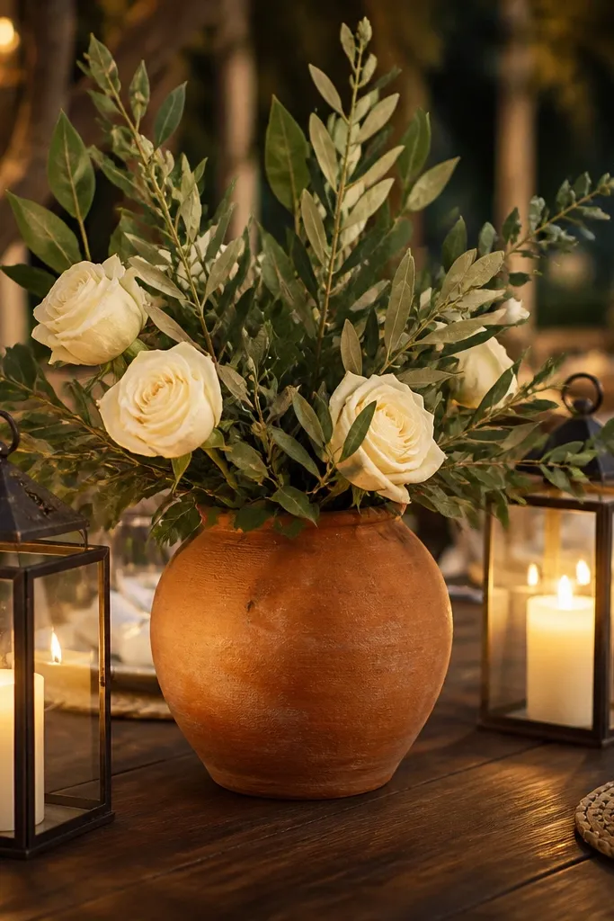 Terracotta pottery centerpiece with cream roses, sage leaves, and lantern candles