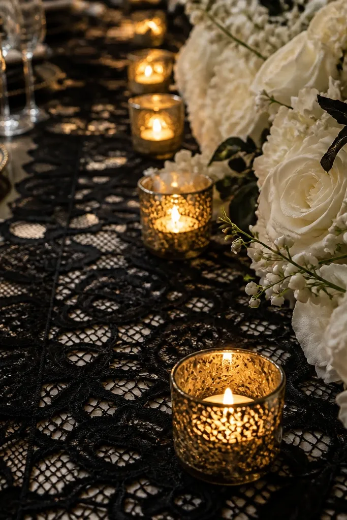 Black lace runner with white florals and warm gold micro-candles