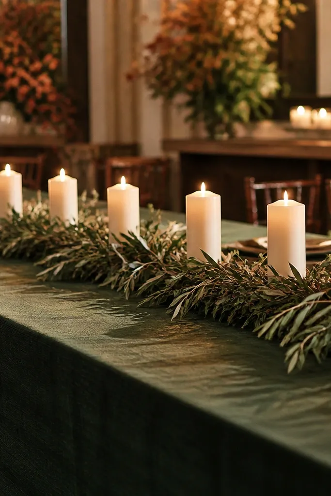 Deep green tablecloth with ivory pillar candles and olive branch garland