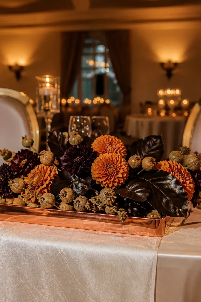 Copper tray with burnt sienna florals and scattered seed pods