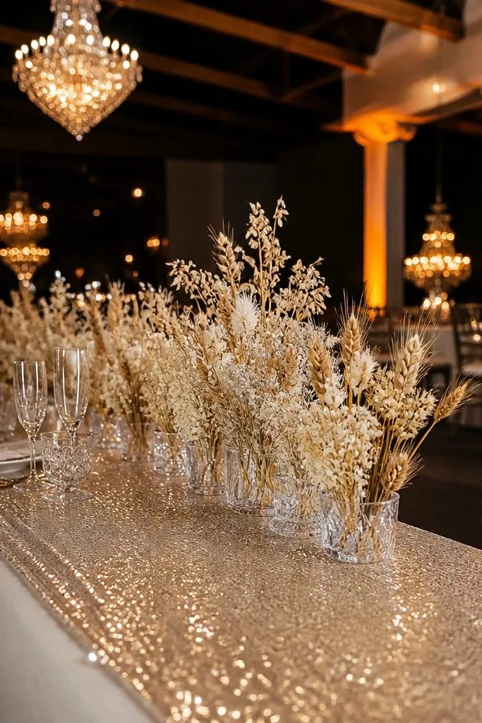 Champagne sequin runner with neutral dried stems and crystal bud vases