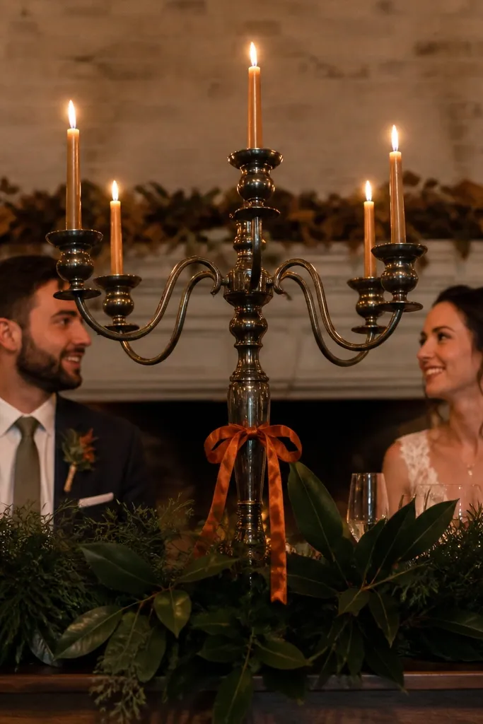 Tall candelabra with dark foliage base and burnt orange ribbon wrap