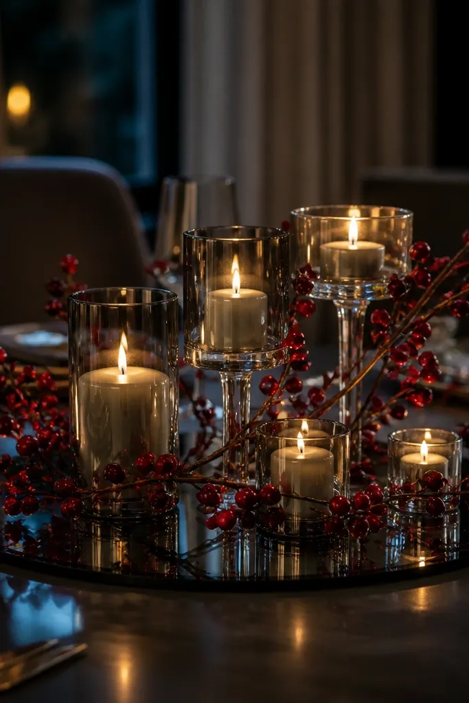 Smoked mirrored charger center with candle blocks and cranberry branches