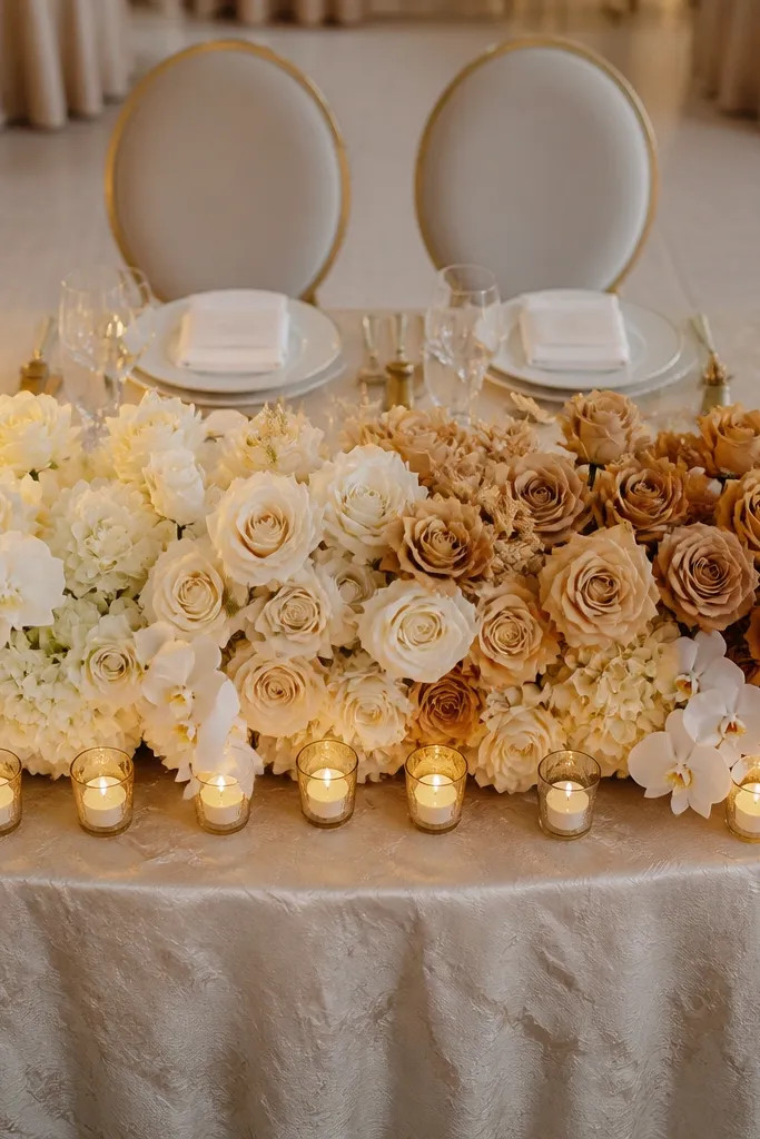Cream and cognac ombre florals with a low row of gold votives