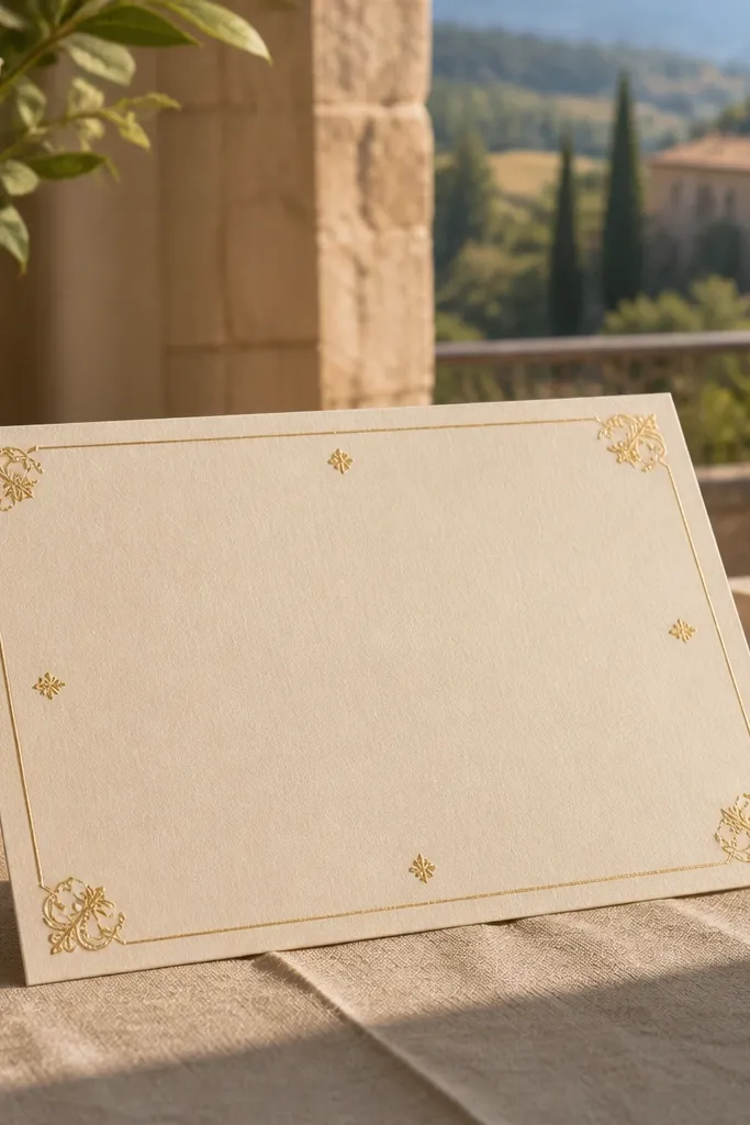 Ivory card with four small gold corner motifs and a thin border line