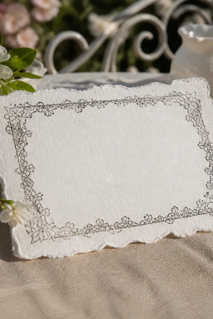 Soft white card with lace-like border and uneven deckled outer edge