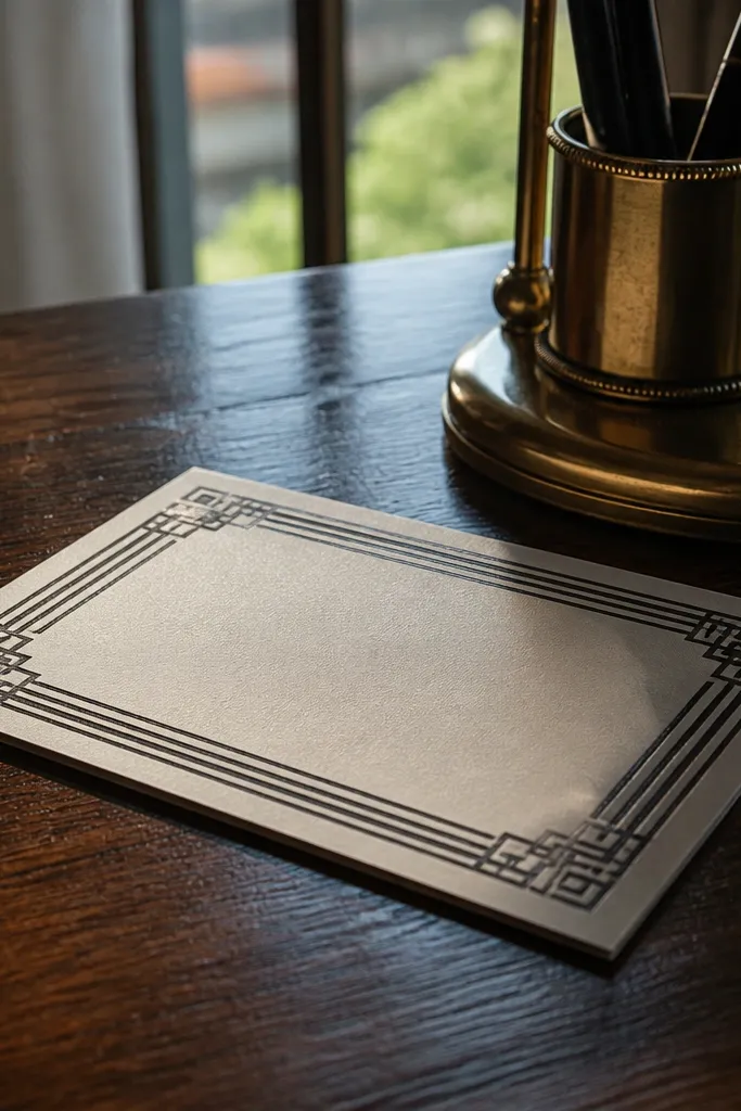 Black card with raised gold geometric frame and sharp corner angles