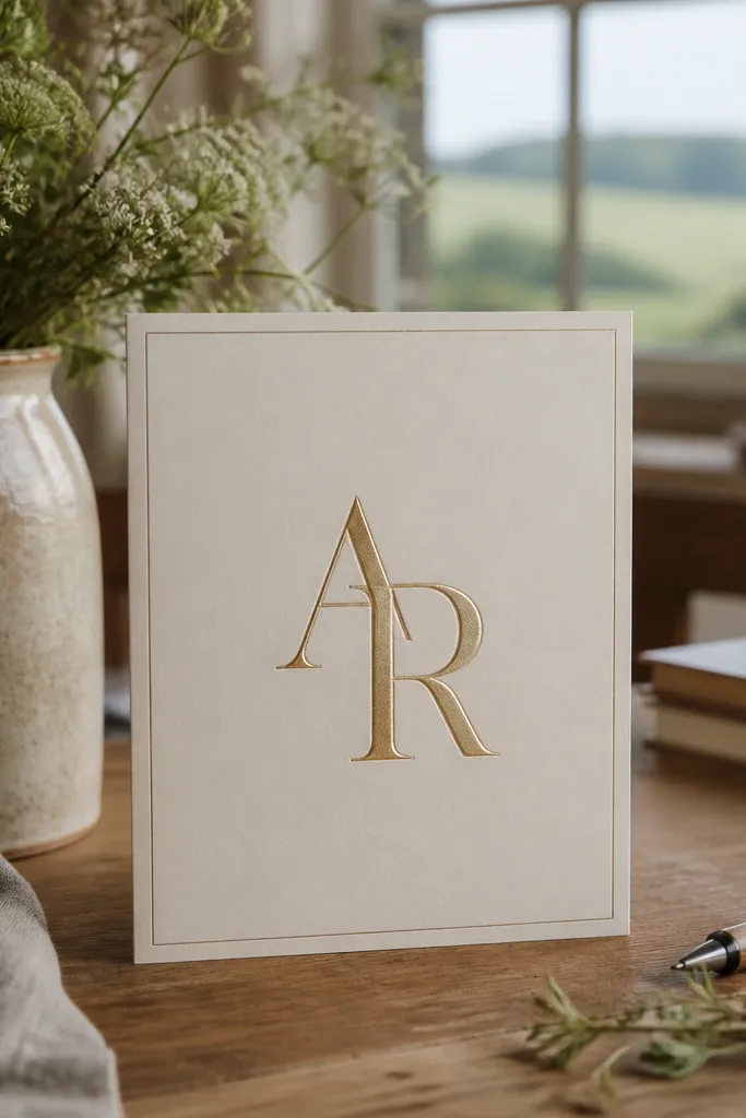 Ivory card with large centered monogram initials and thin black border line