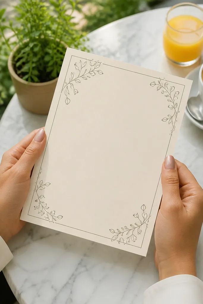 Cream card with thin green vine border wrapping corners