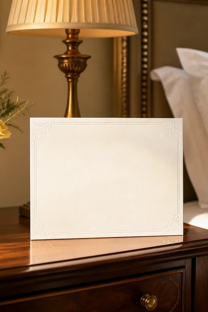 Pearl white card with subtle raised border line barely darker than paper