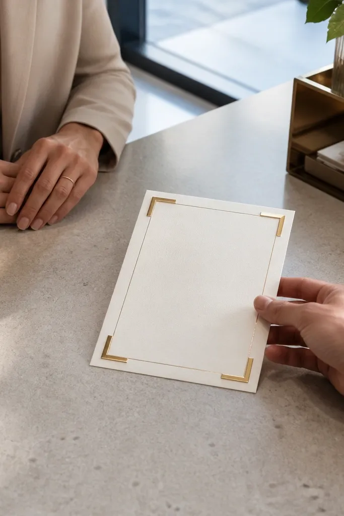 White card with black corner bracket frame and open center border lines